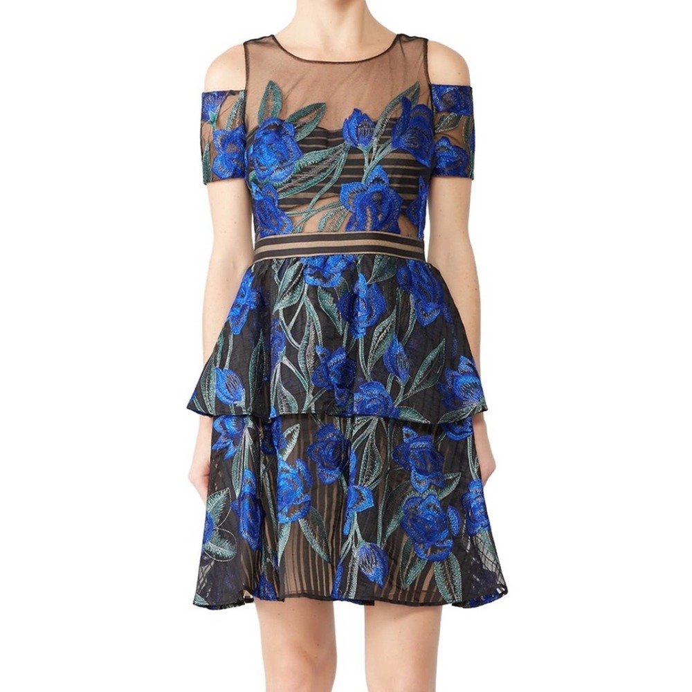 Marchesa Notte Navy Floral Cold Shoulder Dress 8